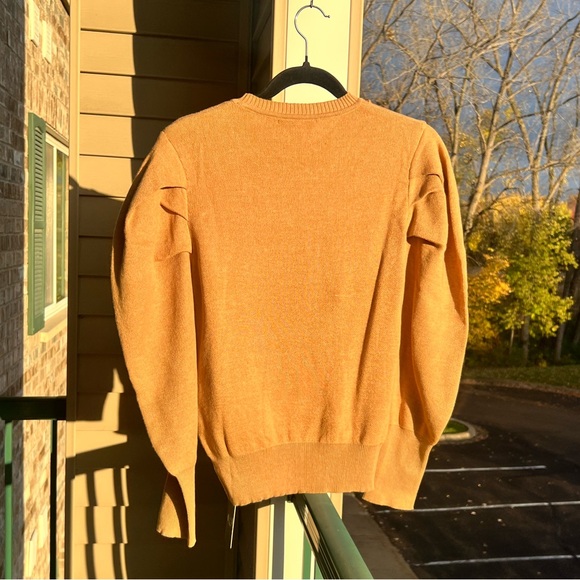 🆕 AZI New York Mustard Gold Chain-Neck Puff Sleeve 100% Cotton Sweater Size S - Picture 4 of 16